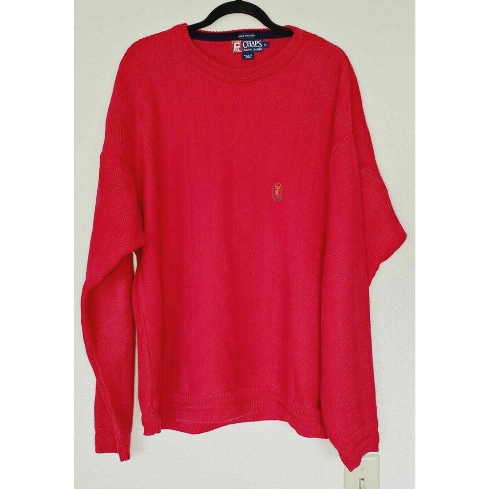 Chaps Ralph Lauren VTG Mens XL Red Cotton Crewneck Sweater Crest Logo Old Money